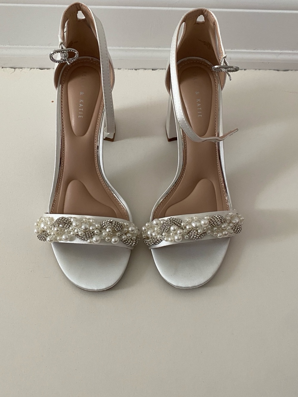 White Pearl & Crystal Embellished Block Heel Sandals - NEW